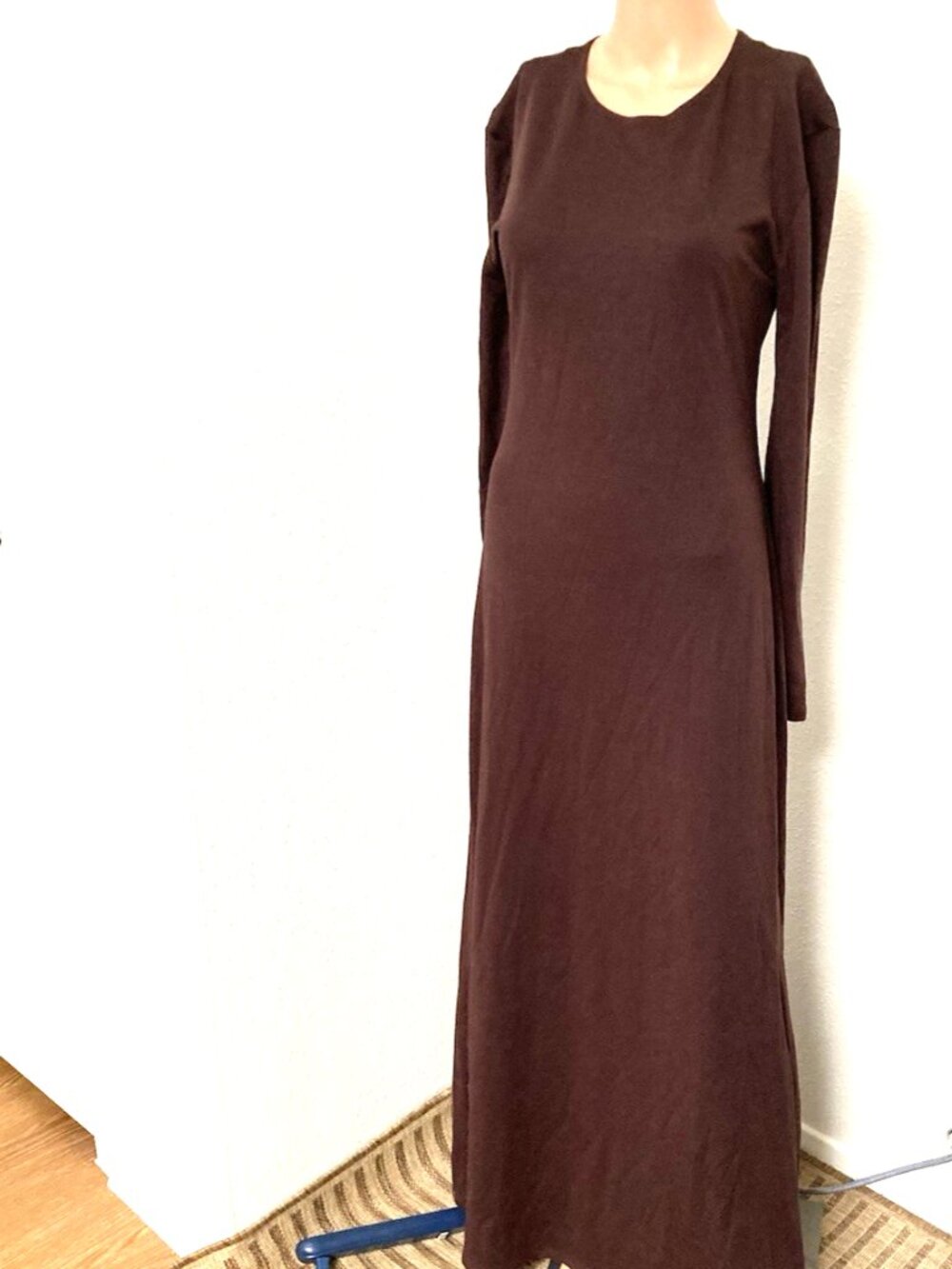 Reginald Thomas Women's L Brown Solid Maxi Dress Round Neck Long Sleeve